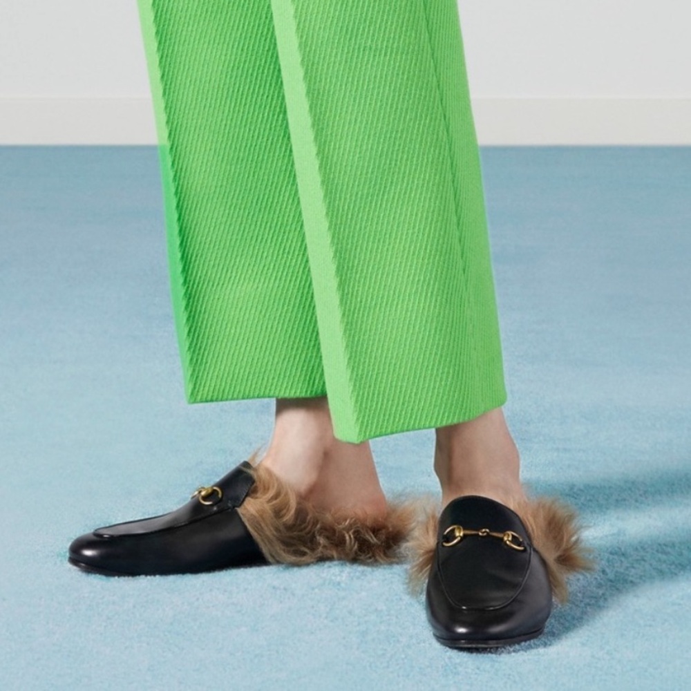 Gucci Black Leather Fur-Trim Horsebit Loafers